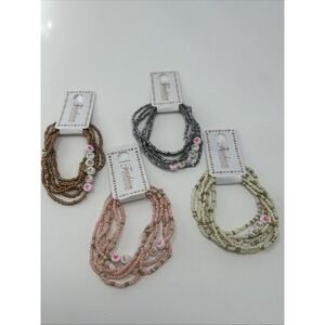 4 NWT Fashion Accessories Stacked Elastic Bead LOVE Bracelets Pink Cream Silver